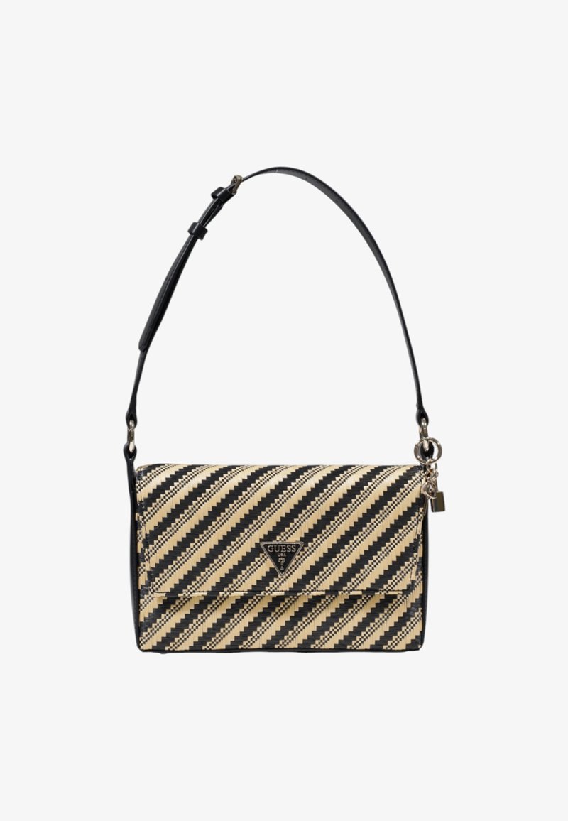 Multi-stripe shoulder bag in beige and black, featuring synthetic material, snap closure, and a detachable strap. GUESS logo on front.