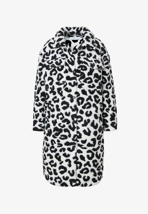 Oversized Mantel im Leopardenmuster aus weichem, flauschigem Stoff. Schwarze Flecken auf weißem Hintergrund, mit einem Kragen und einer vorderen Knopfleiste.