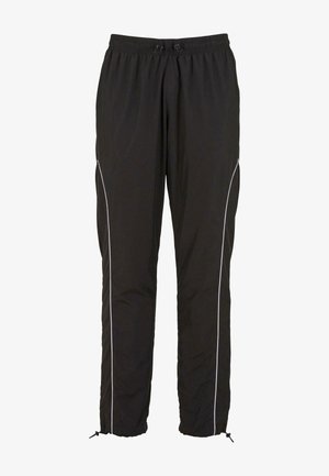Schwarze Sporthose mit elastischem Bund, Kordelzug und weißen Streifen an den Seiten. Verfügt über verstellbare Bündchen mit Stoppern.