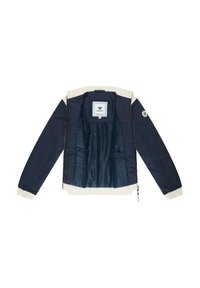 Veste bomber marine avec col et poignets côtelés crème, dotée d'une doublure satinée, d'une fermeture éclair frontale et d'un patch logo sur la manche.