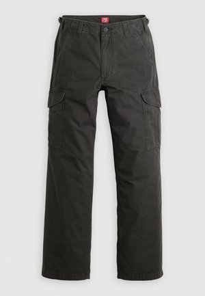 Pantalons cargo gris foncé en tissu de coton durable, avec poches latérales, coupe décontractée et fermeture à bouton à la taille.