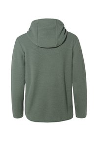 Felpa con cappuccio verde in pile con superficie testurizzata, dotata di cappuccio e maniche lunghe. Il retro presenta un design liscio ed uniforme senza decorazioni.