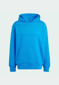 Ljust blå huva sweatshirt med kängurufickor och ribbade muddar, visad framifrån mot en neutral bakgrund.