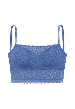 Blauer Spitzen-Bralette mit dünnen, verstellbaren Trägern und floralem Leopardenmuster, das unter die Brust reicht für zusätzlichen Halt.