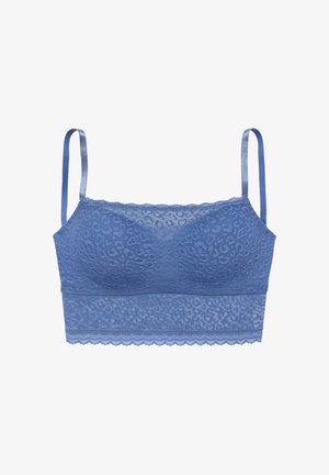 Blauer Spitzen-Bralette mit dünnen, verstellbaren Trägern und floralem Leopardenmuster, das unter die Brust reicht für zusätzlichen Halt.