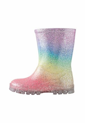 Børnestøvle med regnbuegradient og sølvglitter, der dækker hele overfladen, vist fra ydersiden.