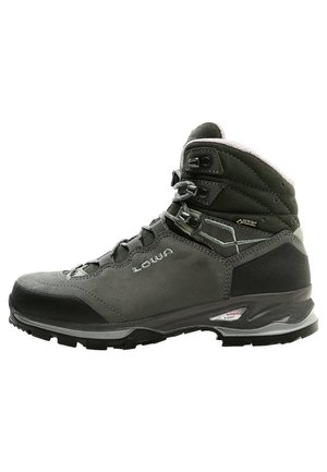 Gray hiking boot with a leather upper, reinforced toe cap, and textured rubber sole. Features lacing system and cushioned collar for support.