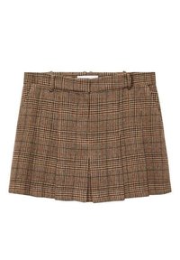 Bruin geruite rok met plooien, voorzien van een aansluitende tailleband. Materiaal lijkt textuur te hebben met een checkered patroon in verschillende tinten.