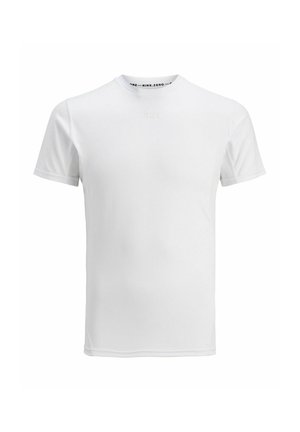Weißes T-Shirt mit kurzen Ärmeln aus glattem, atmungsaktivem Stoff. Hat einen runden Ausschnitt und ein dezentes Logo auf der Vorderseite.
