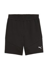 Sorte sportshorts lavet af glat stof, med elastisk talje, sidelommer og et hvidt logo på venstre lår.