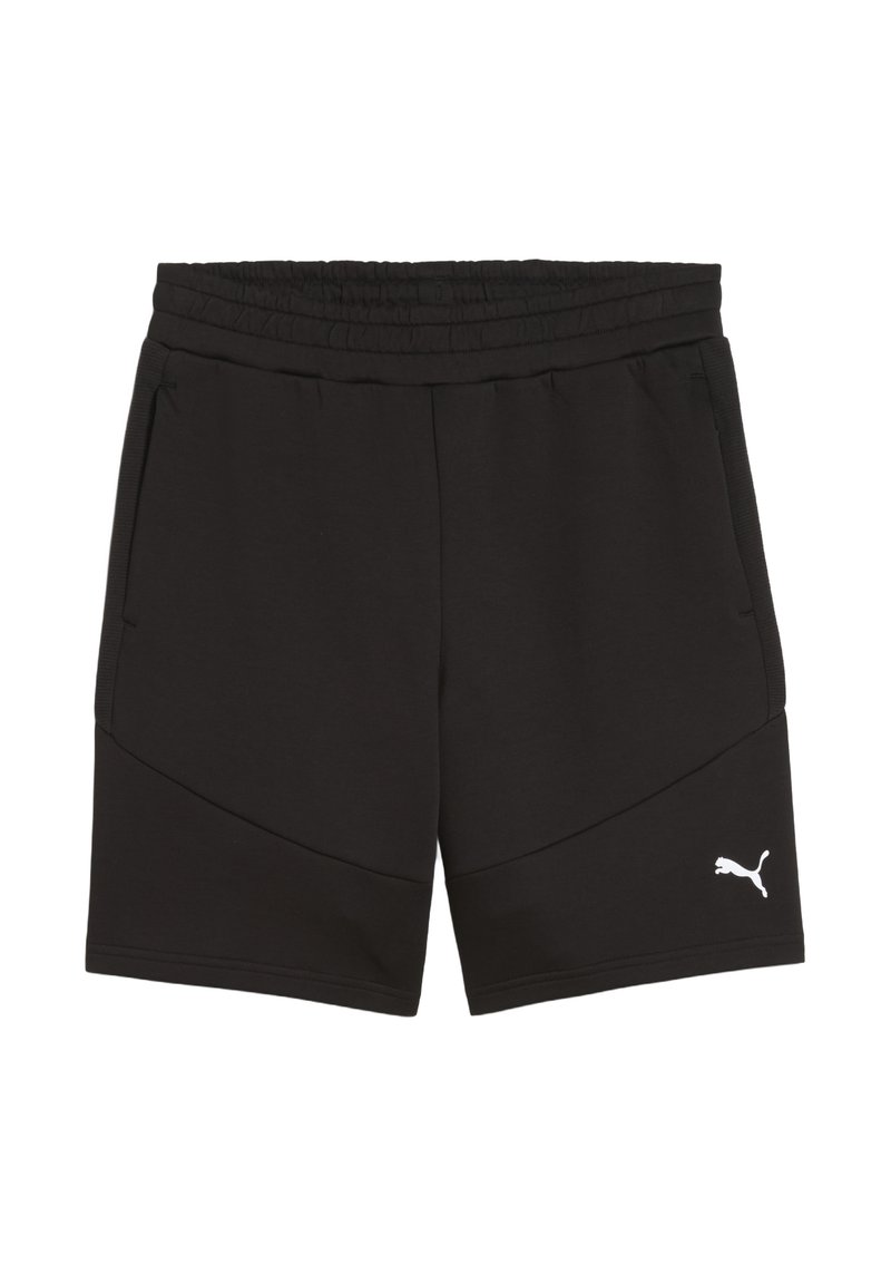 Sorte sportshorts lavet af glat stof, med elastisk talje, sidelommer og et hvidt logo på venstre lår.