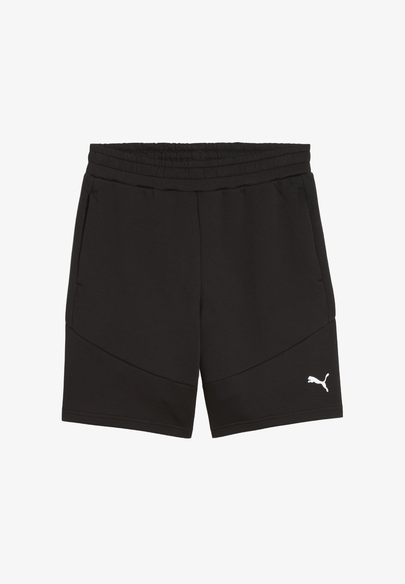Zwarte sportieve shorts van gladde stof, met een elastische tailleband, zijzakken en een wit logo op de linker dij.