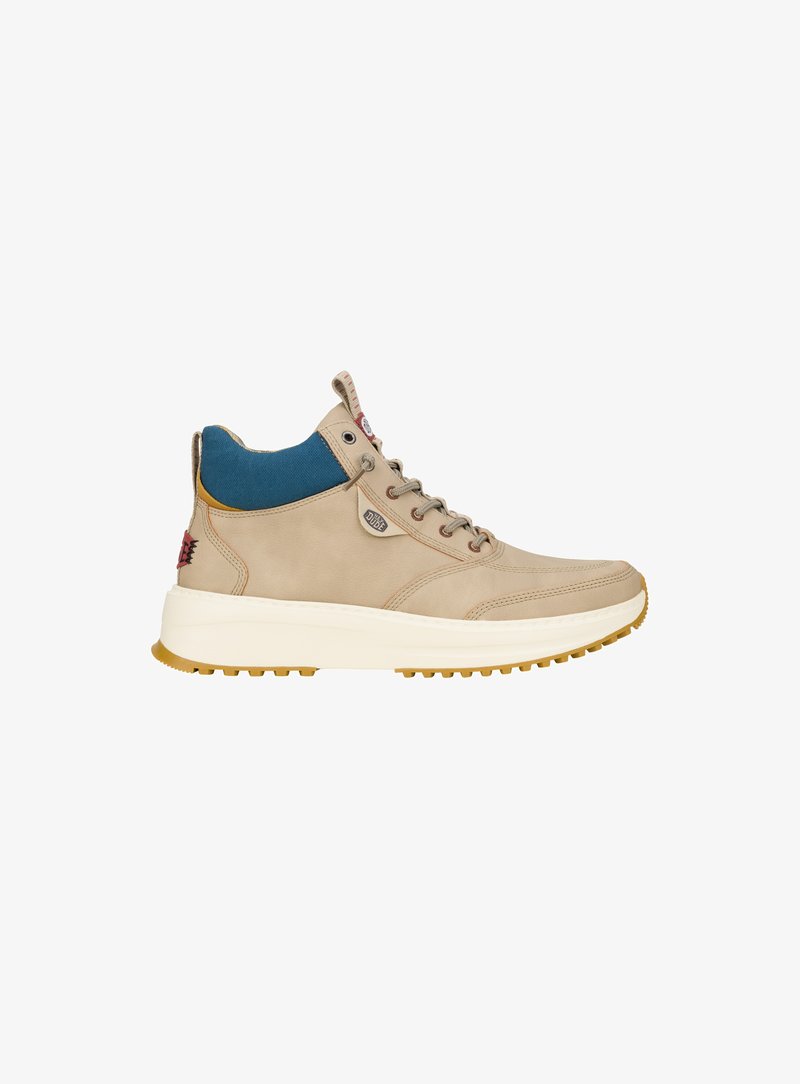 Beige Leder-Hochschuh-Sneaker mit blauen Canvas-Akzenten, Schnürdesign, gepolsterter Schuhkragen und weißer Zwischensohle mit strukturiertem Gummi-Außensohle.