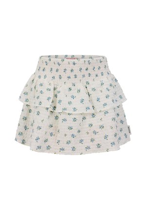 Jupe blanche à étages avec petit imprimé floral bleu et taille élastiquée smockée, conçue pour les enfants.