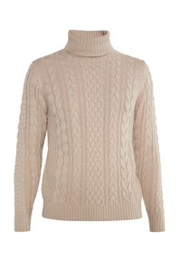 Beige színű, kötött pulóver magas nyakkal, textúrált mintákkal, bordás mandzsettákkal és szegéllyel a kényelmes illeszkedésért.