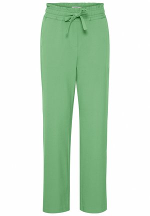 Roheline vabalt lõigatud püksid, millel on nöörivöö, sujuva tekstuuri ja sirge sääredisain, ideaalne igapäevaseks kandmiseks.