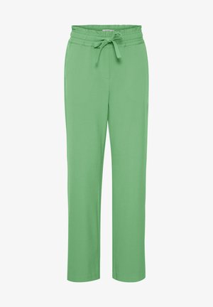 Roheline vabalt lõigatud püksid, millel on nöörivöö, sujuva tekstuuri ja sirge sääredisain, ideaalne igapäevaseks kandmiseks.