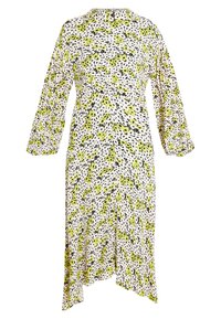 Robe imprimée fleurie à manches longues, avec une base blanche, des fleurs jaune-vert et des accents noirs. Tissu fluide avec un ourlet asymétrique.
