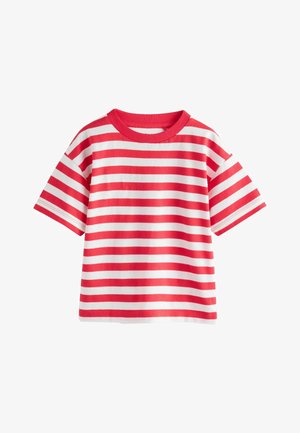 Rød- og hvidstribet t-shirt med korte ærmer, rund halsudskæring, lavet af bomuld, med en afslappet pasform og et vandret stribet mønster.