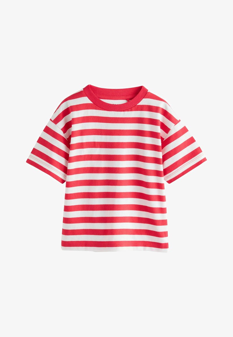 Camiseta de rayas rojas y blancas, de manga corta, escote redondo, confeccionada en algodón, con un corte holgado y patrón de rayas horizontales.