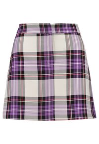 Lila och svart rutigt mini-skjort med en strukturerad design, som har en slät yta och en midja. Mönstret innehåller olika nyanser av lila, svart och grått.