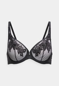 Μαύρο σουτιέν με διαφανείς θήκες από δίχτυ, διακοσμημένο με περίτεχνη μαύρη κεντητή λουλουδένια διακόσμηση. Ρυθμιζόμενοι ιμάντες και κλείσιμο με γάντζο στο πίσω μέρος.