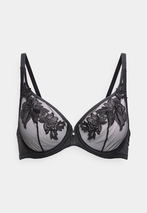 Melns krūšturis ar caurspīdīgām tīkliņa kausām, rotāts ar smalku melnu ziedu izšuvumu. Regulējamas lencītes un aizdare ar āķi un aci muguras daļā.