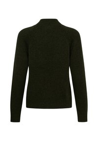 Pull en maille vert foncé à manches longues avec un col rond haut et des poignets et un bas côtelés, vu de dos.