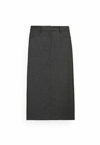 Gonna a matita grigia con una texture liscia, lunghezza al ginocchio, dotata di due tasche frontali e una chiusura con cerniera discreta sul retro.