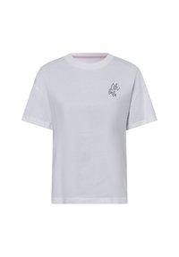 Weißes Baumwoll-T-Shirt mit kurzen Ärmeln, lockerer Passform, Rundhalsausschnitt und "oh là là" in dunklem Faden auf der Brust bestickt.