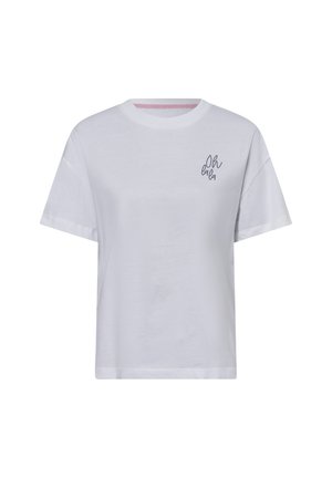Weißes Baumwoll-T-Shirt mit kurzen Ärmeln, lockerer Passform, Rundhalsausschnitt und "oh là là" in dunklem Faden auf der Brust bestickt.