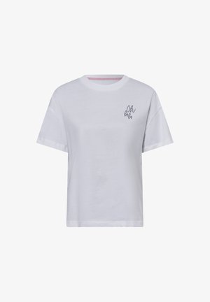 White cotton t-shirt with short sleeves, loose fit, round neckline, and "oh là là" embroidered in dark thread on the chest.