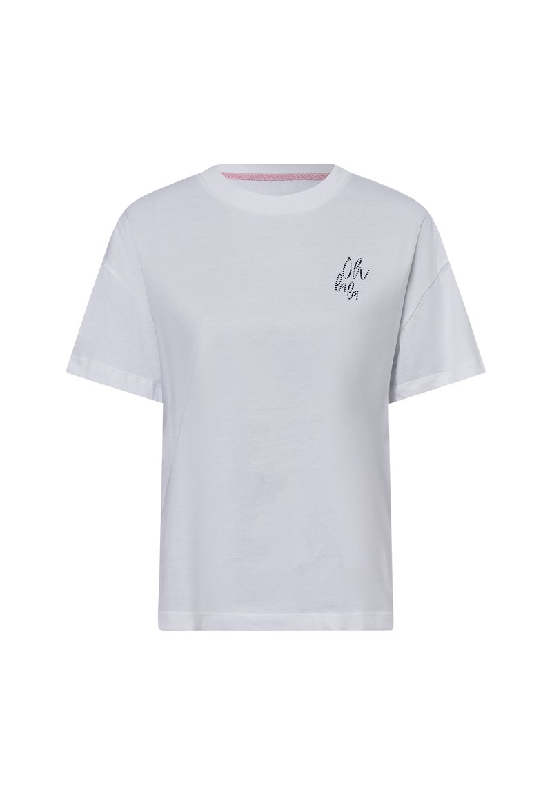 White cotton t-shirt with short sleeves, loose fit, round neckline, and "oh là là" embroidered in dark thread on the chest.