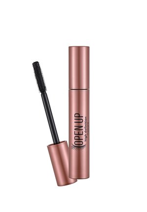 Mascara tube labeled "Open Up high definition" with applicator wand showing black bristles, rose gold metallic packaging on white background.