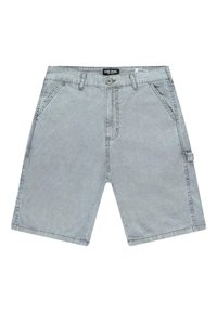 Lichtgrijze denim shorts met een relaxed fit, voorzien van twee voorkruiden, één zijvak met een cargo-design, en zichtbare stiksels.