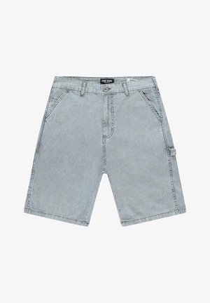 Lichtgrijze denim shorts met een relaxed fit, voorzien van twee voorkruiden, één zijvak met een cargo-design, en zichtbare stiksels.