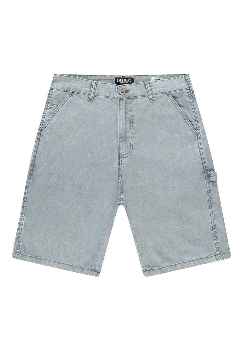 Lichtgrijze denim shorts met een relaxed fit, voorzien van twee voorkruiden, één zijvak met een cargo-design, en zichtbare stiksels.