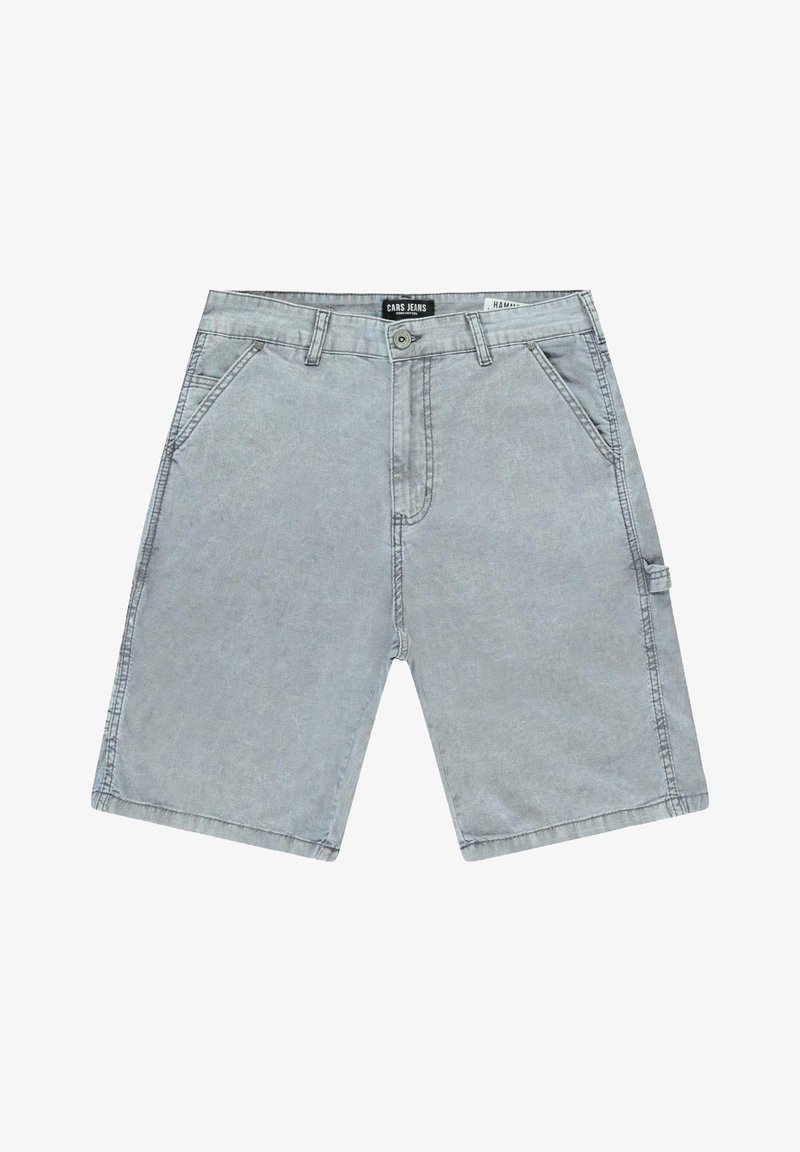 Lichtgrijze denim shorts met een relaxed fit, voorzien van twee voorkruiden, één zijvak met een cargo-design, en zichtbare stiksels.