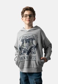 Szara bluza z kapturem z wzorem szkoły w Hogwarcie, przedstawiająca zamek i dwa gryfy. Kieszeń z przodu i detal ściągacza na dolnym brzegu.
