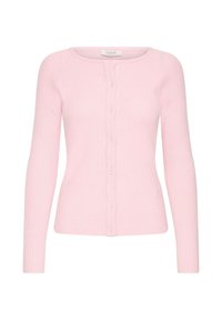 Světle růžový pletený cardigan s ribovaným vzorem, kulatým výstřihem, dlouhými rukávy a zapínáním na knoflíky vpředu.