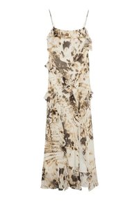 Robe sans manches beige avec des motifs abstraits marron et crème. Elle présente des volants superposés sur le devant, un tissu fluide et une silhouette évasée.