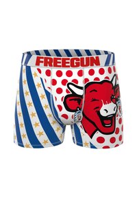 Boxers pour hommes avec un graphique de vache rouge, un design à rayures bleues et blanches, des pois rouges et une ceinture bold "FREEGUN".