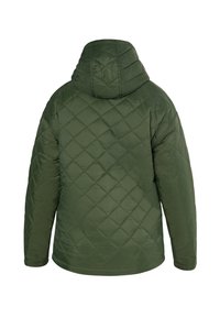 Oliven grøn, quilted pufferjakke med hætte. Har diamantformet syninger, lange ærmer og en afrundet kant.