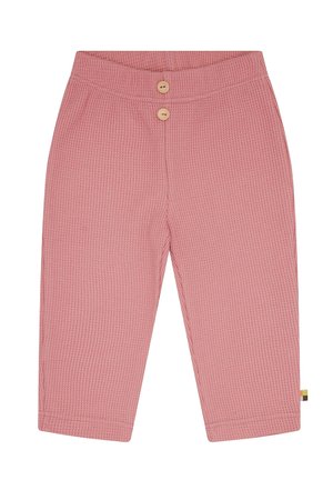 Rosa, gemusterte Hose aus strukturiertem Stoff. Verfügt über einen weichen Bund, zwei Holzknöpfe auf der Vorderseite und ein kleines Farbakzent-Tag.