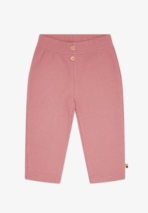 Roze, patroonbroek van gestructureerde stof. Heeft een zachte tailleband, twee houten knopen aan de voorkant en een klein gekleurd accentlabel.