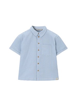 Kortemouwen, lichtblauw-wit gestreept overhemd met knopen, kraag en borstzakje, ontworpen voor kinderen.
