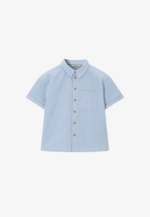 Kortemouwen, lichtblauw-wit gestreept overhemd met knopen, kraag en borstzakje, ontworpen voor kinderen.