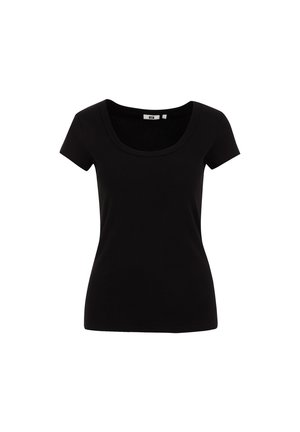 Crna majica kratkih rukava od mekanog pamuka, s širokim izrezom i prilagođenim krojem, bez vidljivih uzoraka ili ukrasa.