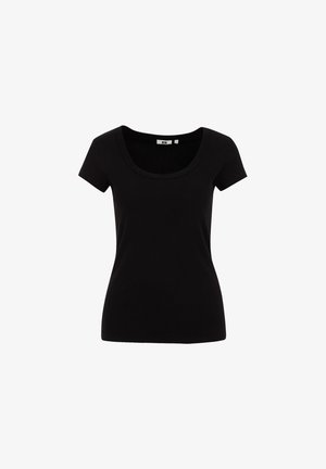 Crna majica kratkih rukava od mekanog pamuka, s širokim izrezom i prilagođenim krojem, bez vidljivih uzoraka ili ukrasa.