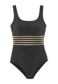 Maillot de bain une pièce noir avec un décolleté carré, featuring trois bandes dorées horizontales à la taille et un petit logo sur la hanche.